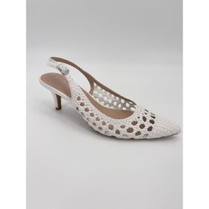 B15 Alfani Babbsy Woven Slingback Heels 8 White Pointed Toe Kitten Heel Dressy
